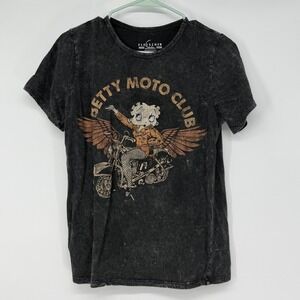 Fleischer Studios Betty‎ Boop Moto Club Biker Graphic Tee Acid Wash Black XL
